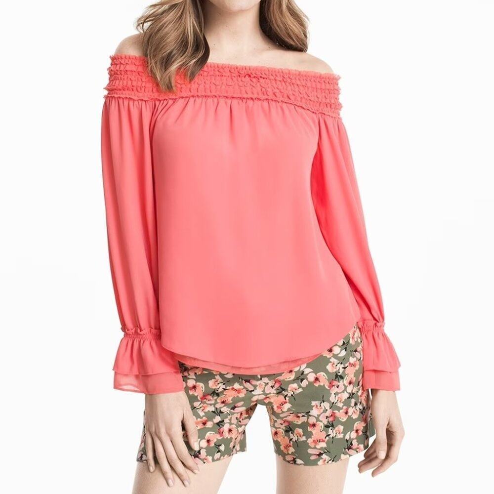 WHBM Coral Pink Off-the-Should Smocked Blouse Size Medium